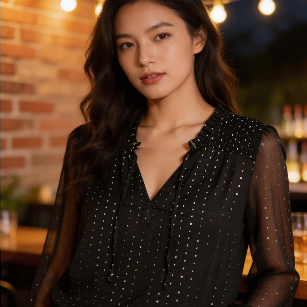 Old Navy Black Metallic Dot Tie-Neck Blouse